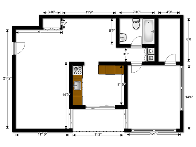 Floor plan for 1 bed, 1 bath, 804 sqft